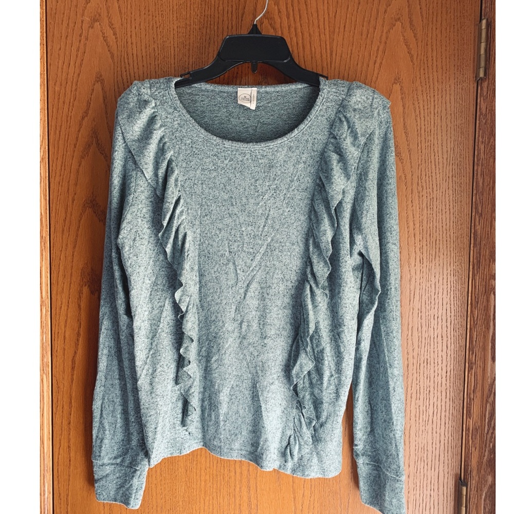 Sage green heathered, ruffle sweater. Size M